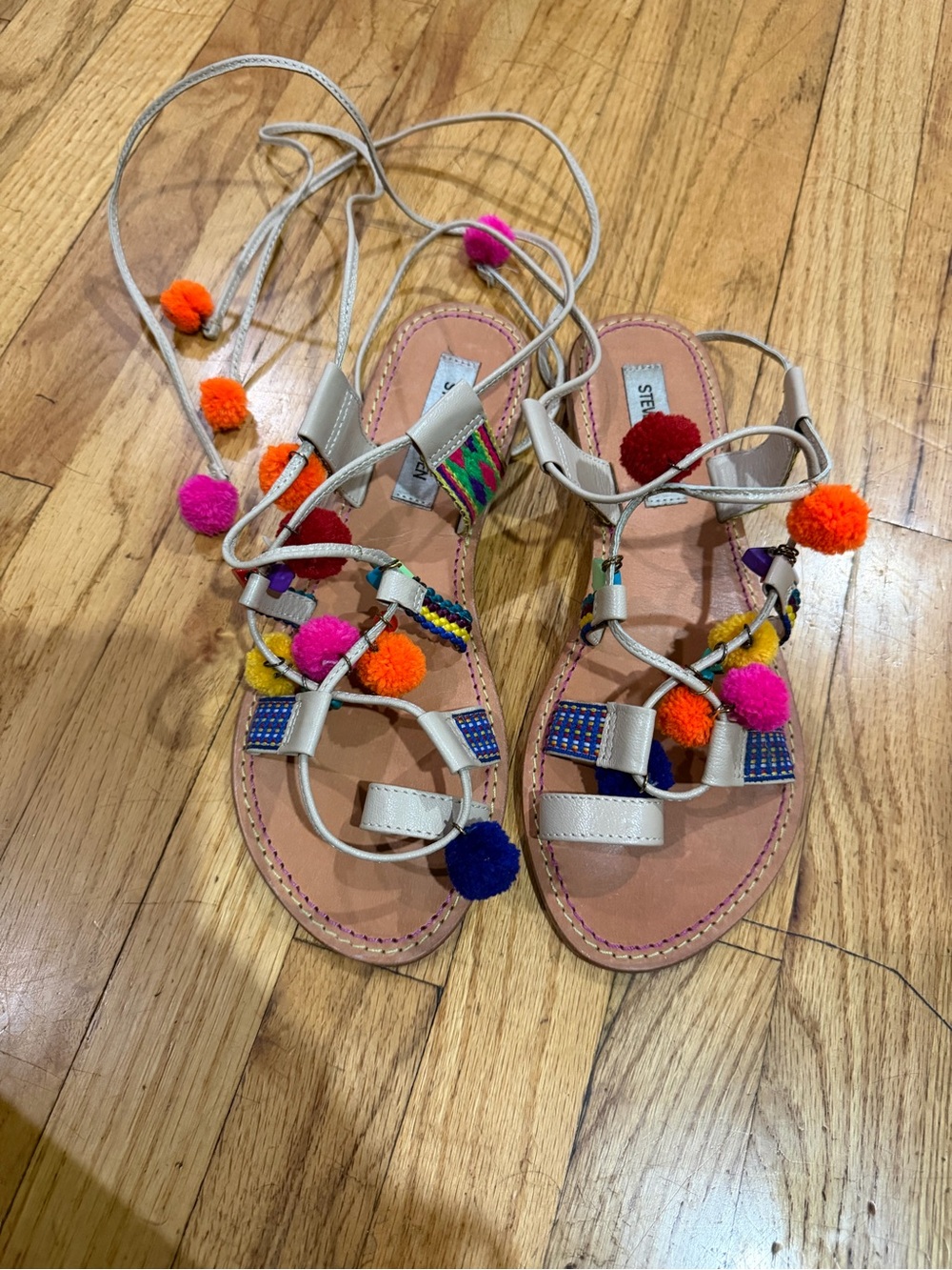 Steve Madden Beige Leather Lace-Up Sandals with Multicolor Pom Poms